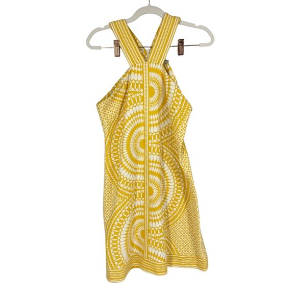 Taylor Brand Sun Dress 4 Yellow Geometric Print Cotton Textured Cutout Shoulders - Picture 1 of 16
